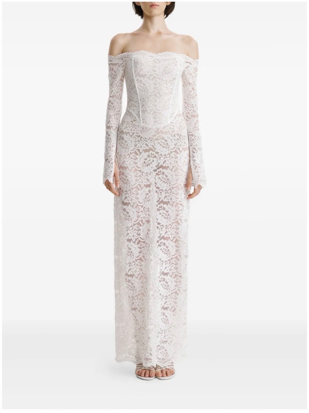 Off-Shoulder Lace Corset Wedding Gown In White